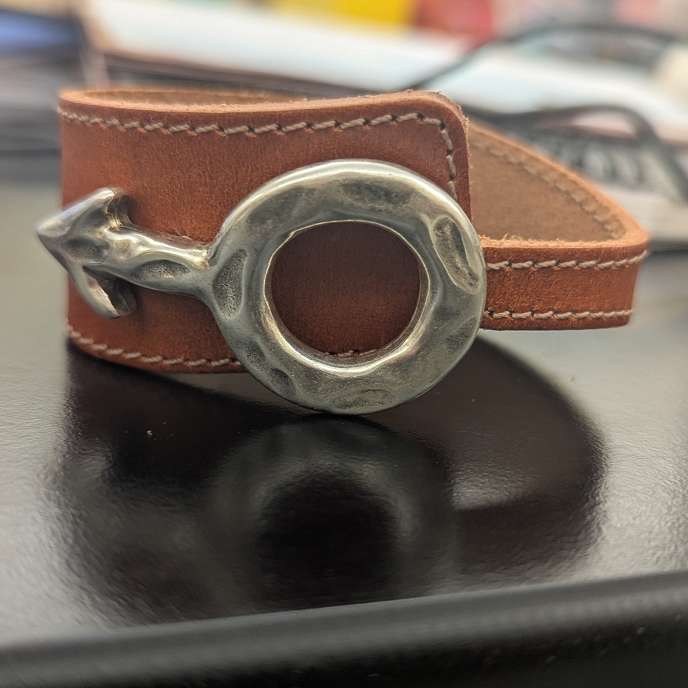 Light Brown Leather Hand Crafted Cuff Bracelet. Metal Arrow Clasp. Adjustable.